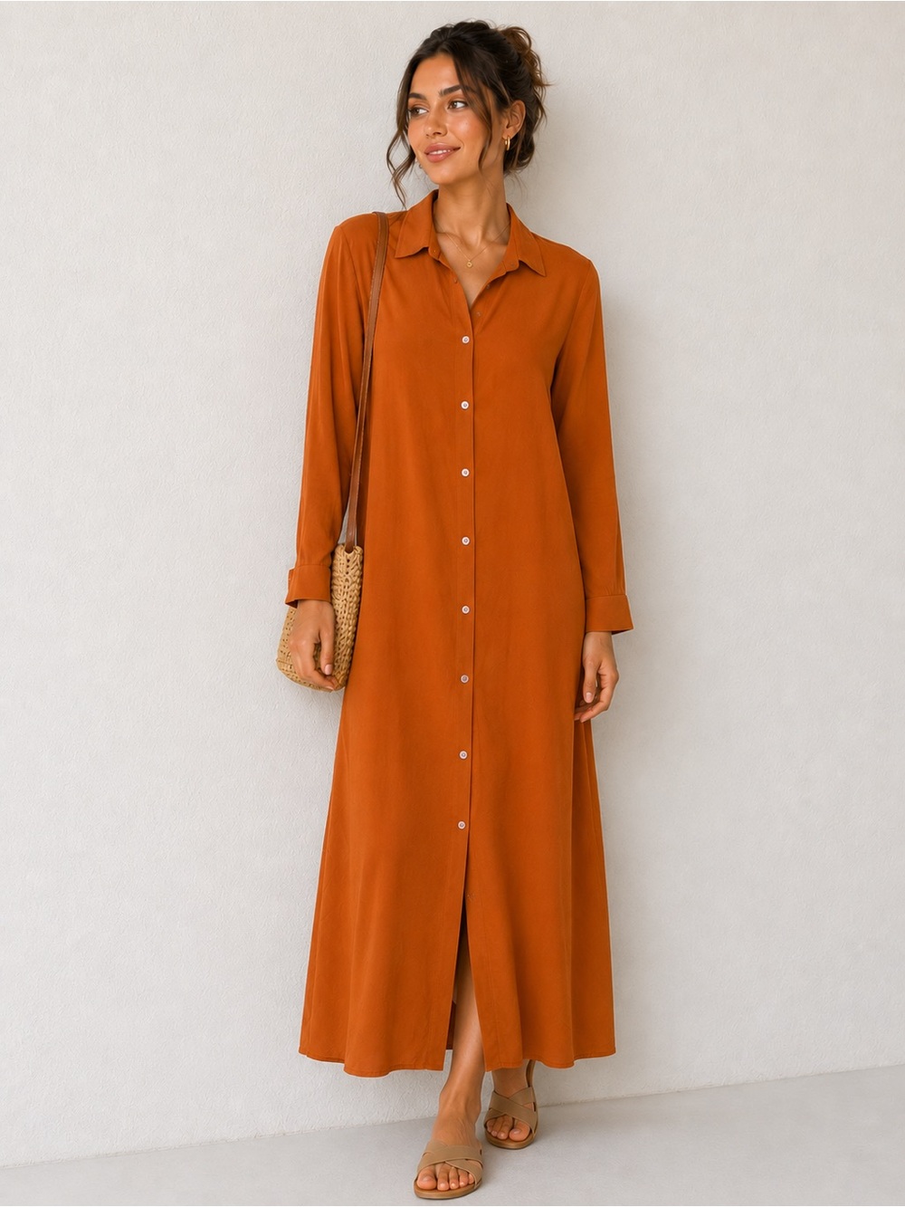 Button-Front Maxi Shirt Dress in Rust